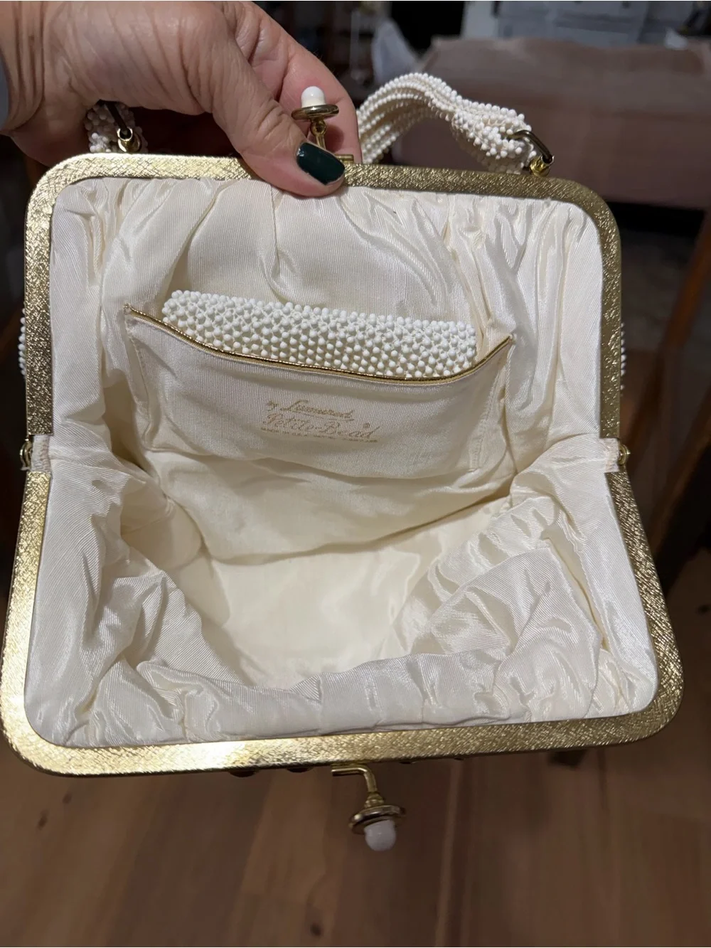 Vintage lumered Pearl petite bead Beaded White Evening Clutch with Gold Frame